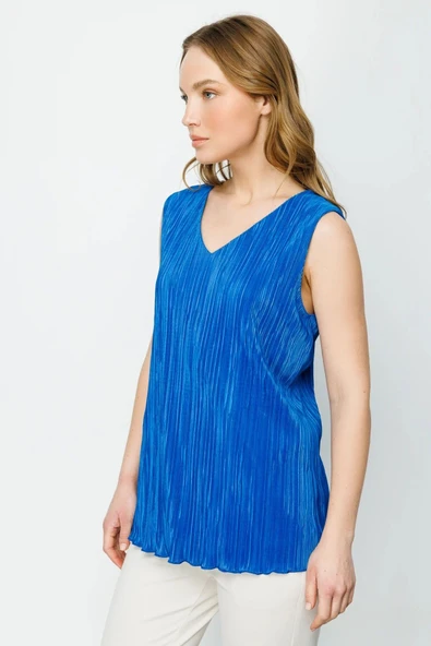 Ekol V Yaka Kolsuz Pileli Minimalist Kadın Bluz - Günlük Şıklık - 6