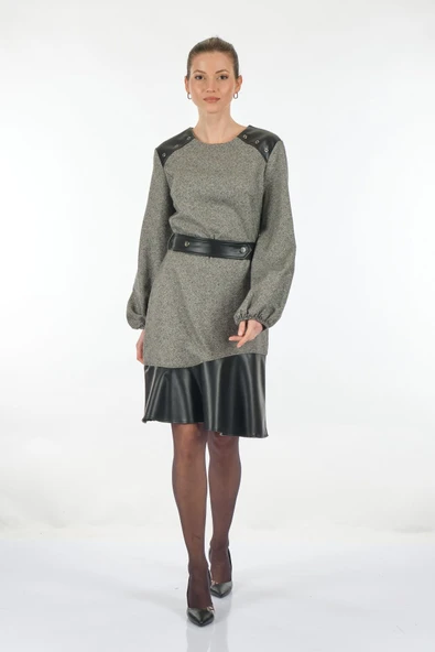 Unique Mode Midi Boy Oversize Balon Kol Günlük Elbise - Deri Detaylı - Resim 2