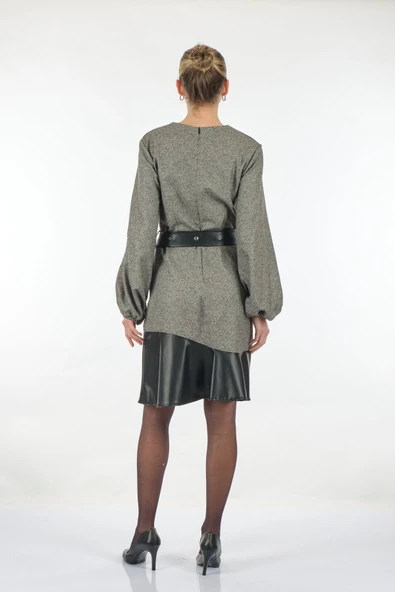 Unique Mode Midi Boy Oversize Balon Kol Günlük Elbise - Deri Detaylı - Resim 8