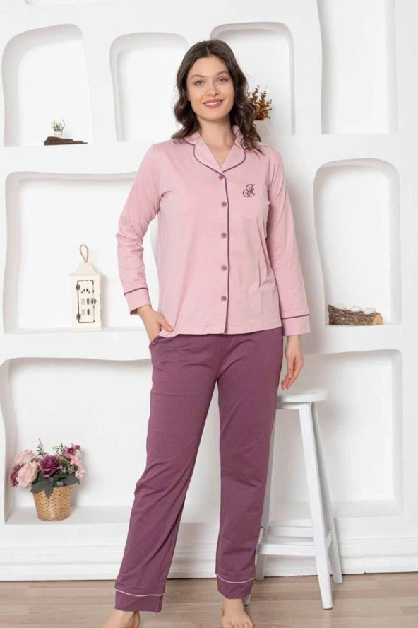 Dreamy Pamuklu Biyeli Uzun Kollu Cepli Önden Düğmeli Gömlek Pijama Takımı