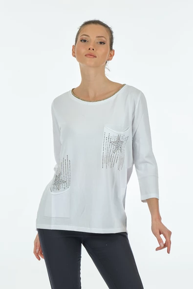 Twomail Minimalist Oversize 3/4 Kol Kadın Bluz - Cep Detaylı - 9