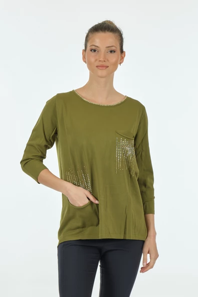 Twomail Minimalist Oversize 3/4 Kol Kadın Bluz - Cep Detaylı - 6