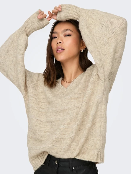 Only Oversize V Yaka Balon Kol Kadın Kazak - Midi Boy - 5