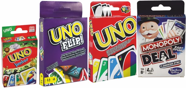 Uno, Monopoly, Uno Flip ve Uno Junior 4'lü Ekonomik Set