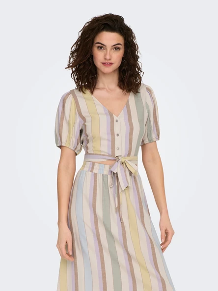 Only V Yaka Kısa Kol Çizgili Crop Gömlek Midi Etek Takım - 2