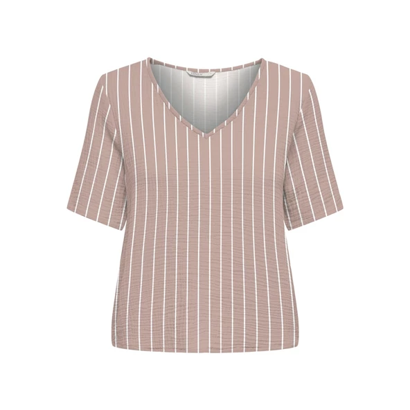 Only V Yaka Çizgili Kadın T-Shirt - Minimalist Stil - Resim 4