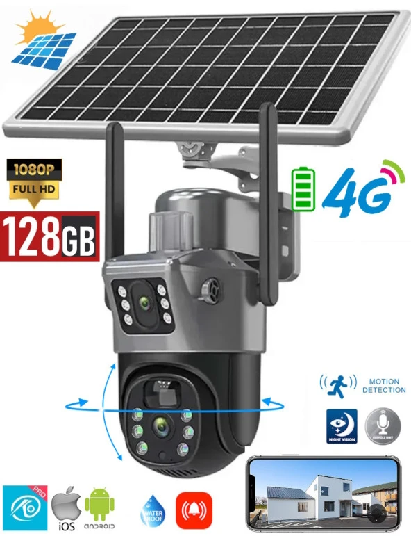 Ventus Solar3620 4G Güneş Enerjili Dual Lens 360° Görüş  Akıllı  Güvenlik Kamerası 128GB Hafıza