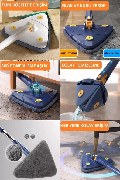 Nishev Sihirli Teleskobik Hazneli Üçgen Mikrofiber Mop Paspas Islak Kuru Duvar Tavan Fayans Parke Temizlik - 7