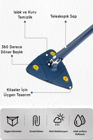 Nishev Sihirli Teleskobik Hazneli Üçgen Mikrofiber Mop Paspas Islak Kuru Duvar Tavan Fayans Parke Temizlik - 8