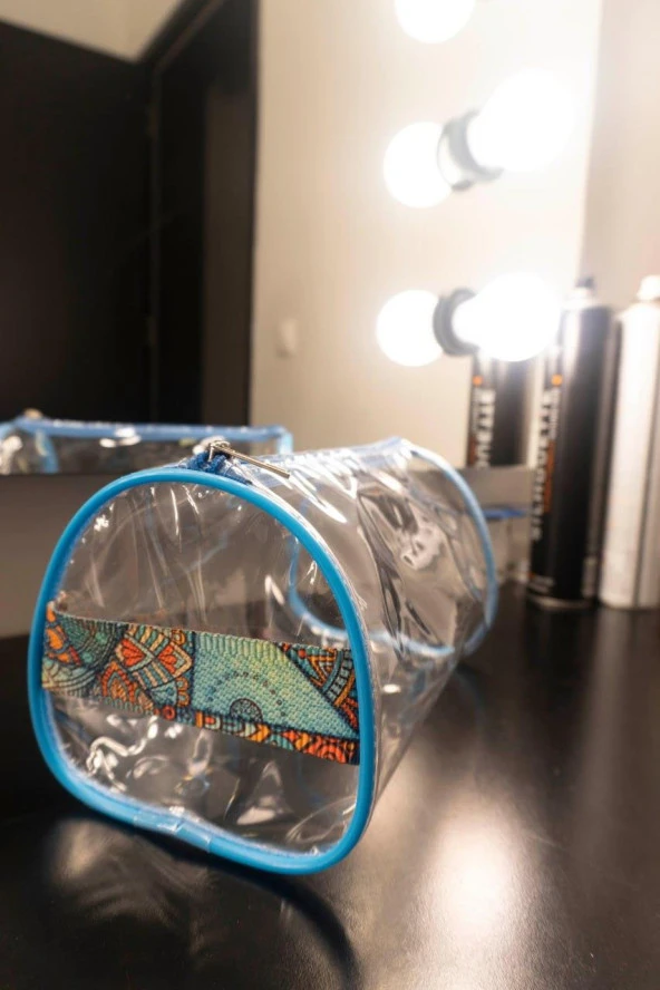 Fırça Desen El Tutmalı Büyük Boy Mavi Şeffaf Tatil Plaj Kozmetik  Makyaj ve Bakım Çantası - 2