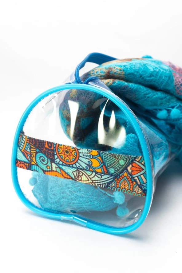 Fırça Desen El Tutmalı Büyük Boy Mavi Şeffaf Tatil Plaj Kozmetik  Makyaj ve Bakım Çantası - 3