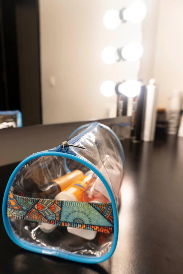 Fırça Desen El Tutmalı Büyük Boy Mavi Şeffaf Tatil Plaj Kozmetik  Makyaj ve Bakım Çantası - 5