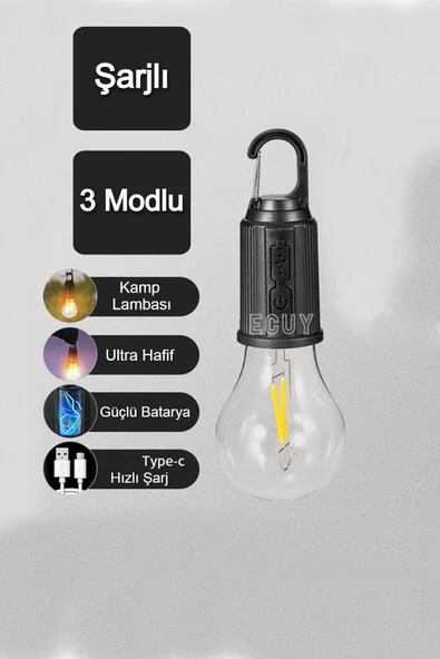 Ultra Hafif Taşınabilir Asılı Işık 600mAh typ C şarj LED kamp Lambası Su Geçirmez Sarı Işık 3 Mod