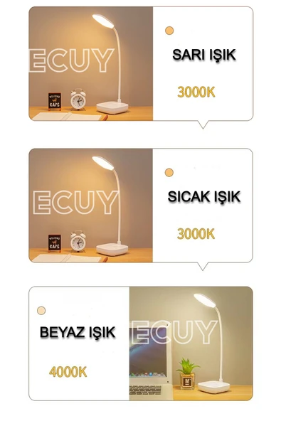 Şarjlı Dokunmatik Masa Lambası – 3 Renk Ayarlanabilir Işık, Gece ve Okuma Lambası, Ders Masası İçin - 3