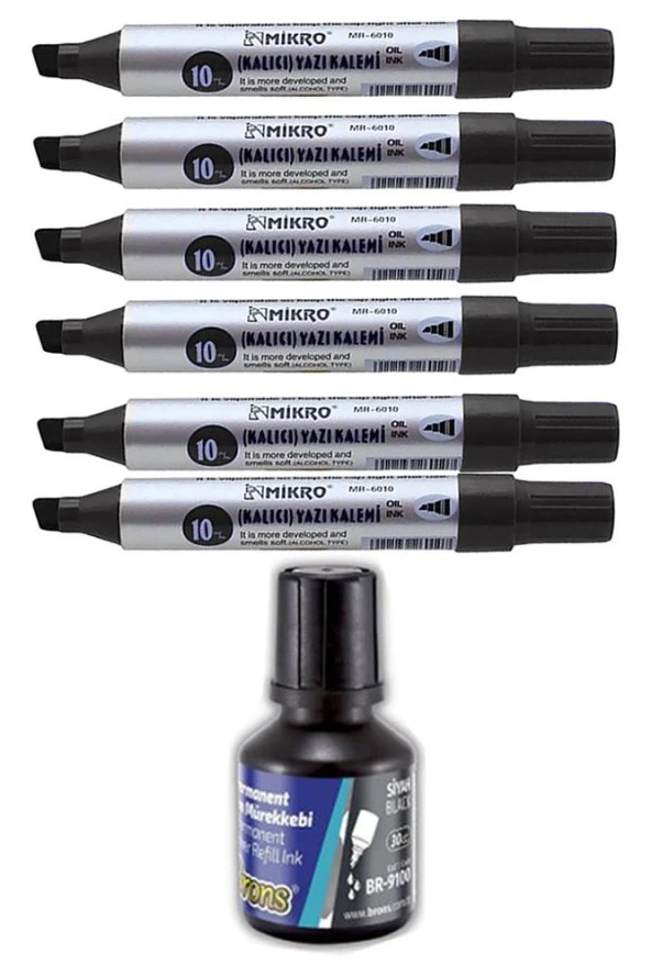 Siyah 10 mm Kesik Uçlu Markör Permanent Kalem 6 Adet ve Siyah Mürekkep 1 Adet Çuval Koli Kalemi