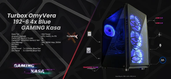 Omyvera 192-6 4X Blue Fan Usb 2.0 250W 300W Matx Gaming Bilgisayar Kasası - 10