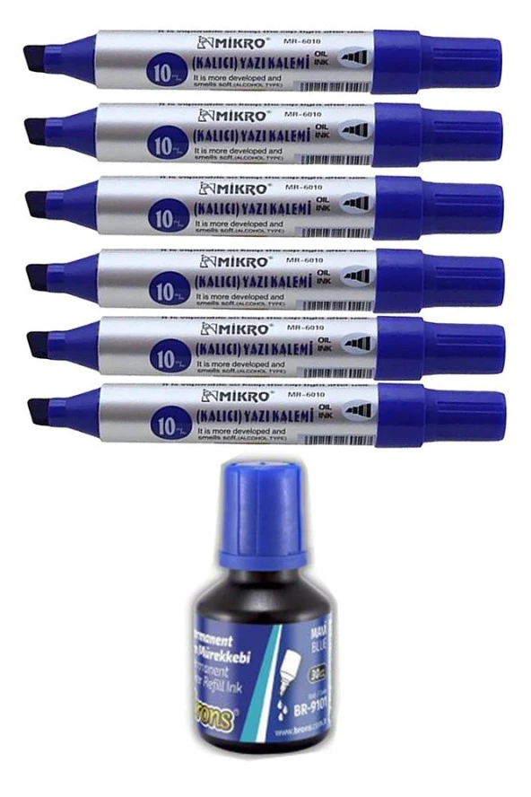Mavi 10 mm Kesik Uçlu Markör Permanent Kalem 6 Adet ve Mavi Mürekkep 1 Adet Çuval Koli Kalemi