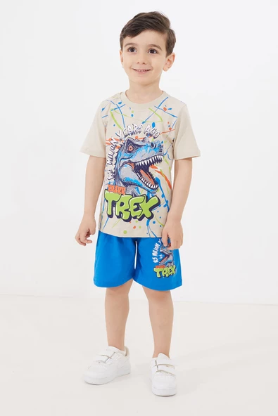 Mavi T-rex Baskılı Yazılı Erkek Çocuk Şortlu Takım 18711 - 2