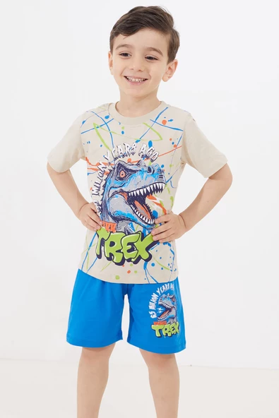 Mavi T-rex Baskılı Yazılı Erkek Çocuk Şortlu Takım 18711 - 4