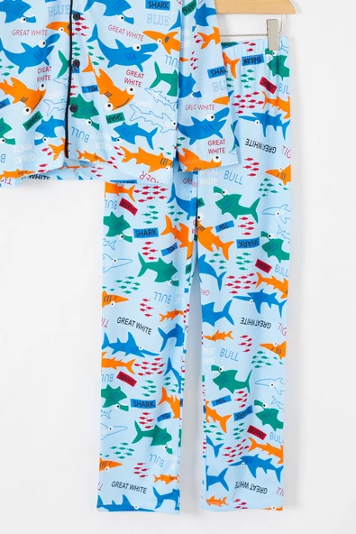 Mavi Balık Baskılı Düğmeli Erkek Çocuk Pijama Takımı 18672 - 3