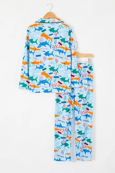 Mavi Balık Baskılı Düğmeli Erkek Çocuk Pijama Takımı 18672 - 4