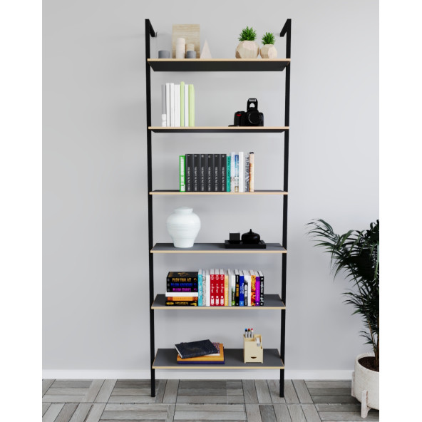 Eportatif Kitaplık Duvar Rafı Metal Kitaplık Mobilya 6 Katlı Füme 1356