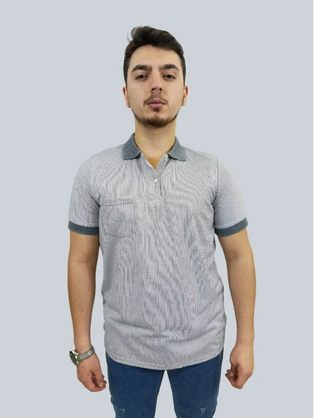 Erkek Striped Polo Yaka Gri Tişört