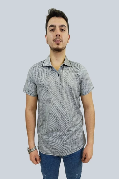 Erkek Striped Polo Yaka Gri Siyah Noktalı Tişört