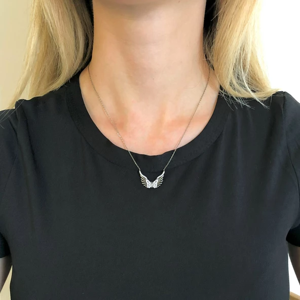 Kanat Motifli Zirkon Taşlı Gümüş Kolye GK-163 - Resim 2