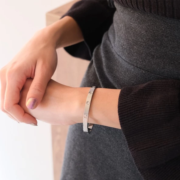 Çelik Kelepçe Bileklik Love Taşlı Model BLZ-494 - Resim 3