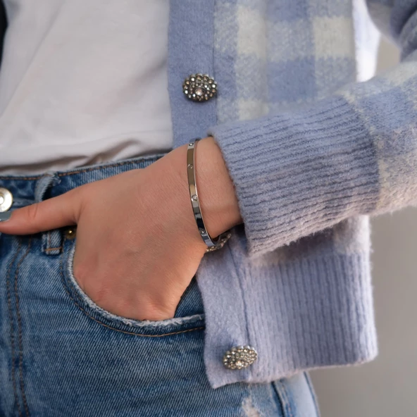 Çelik Kelepçe Bileklik Taşlı Love Model BLZ-596 - Resim 3