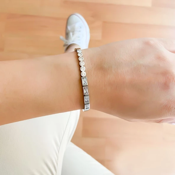 Çelik Kelepçe Bileklik Zirkon Taşlı BLZ-348 - Resim 4