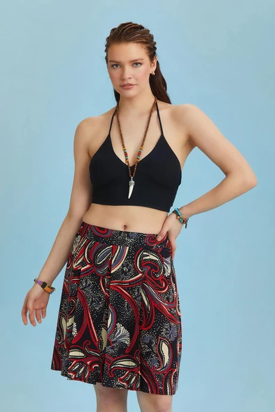 Rahat Kesim Beli Lastikli Siyah Desenli Pileli Kısa Etek - 3