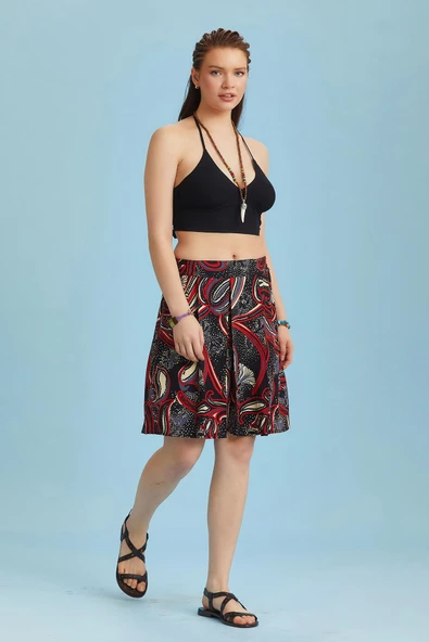 Rahat Kesim Beli Lastikli Siyah Desenli Pileli Kısa Etek - 2