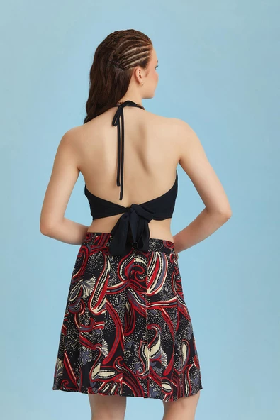 Rahat Kesim Beli Lastikli Siyah Desenli Pileli Kısa Etek - 5