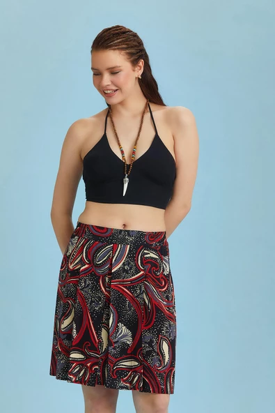 Rahat Kesim Beli Lastikli Siyah Desenli Pileli Kısa Etek - 4