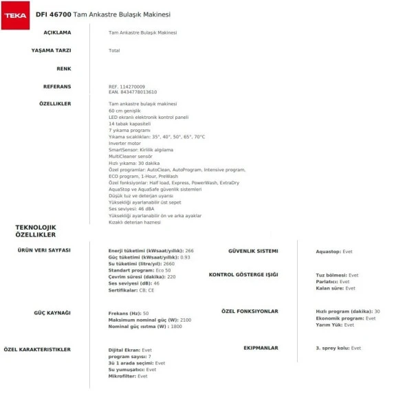 Teka DFI 46700 Tam Ankastre Dijital Ekranlı Bulaşık Makinesi 114270022 - 4