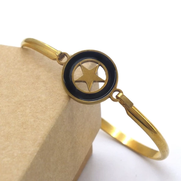 Çelik Kelepçe Bileklik Altın Kaplama Yıldız Detaylı BLZ-492 - Resim 5