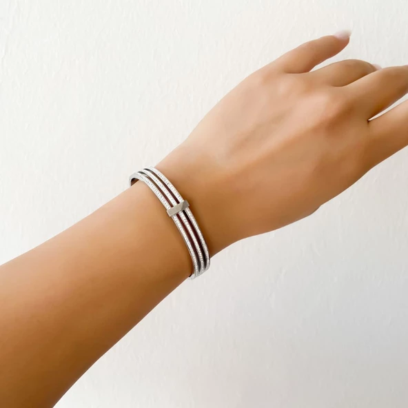 Çelik Kelepçe Bileklik 3 Sıra Taşlı BLZ-359 - Resim 4