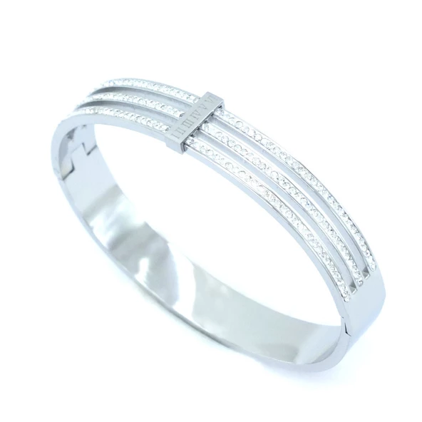 Çelik Kelepçe Bileklik 3 Sıra Taşlı BLZ-359 - Resim 2