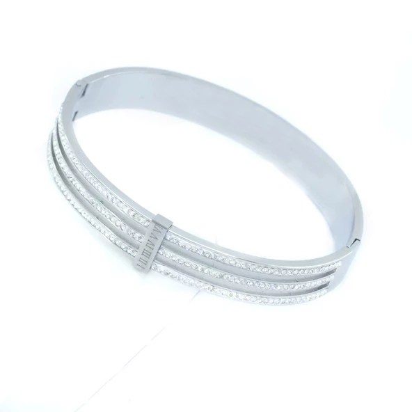 Çelik Kelepçe Bileklik 3 Sıra Taşlı BLZ-359 - Resim 5