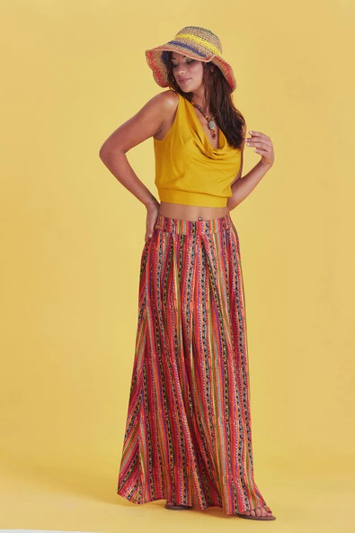 Rahat Kesim Beli Lastikli Desenli Pileli Uzun Etek - 4