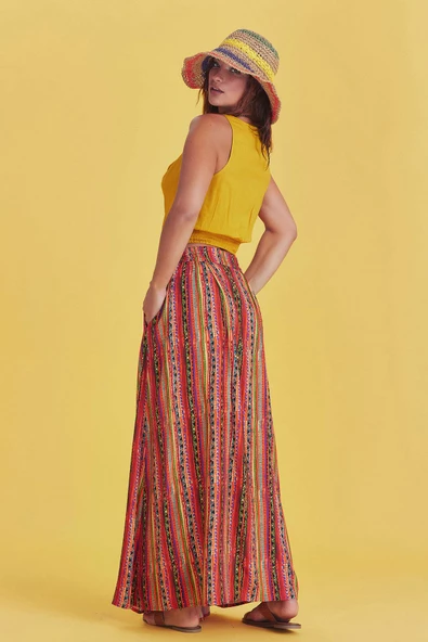 Rahat Kesim Beli Lastikli Desenli Pileli Uzun Etek - 5