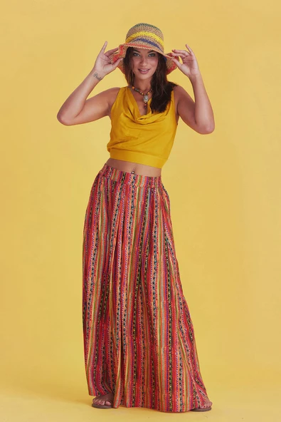 Rahat Kesim Beli Lastikli Desenli Pileli Uzun Etek - 3