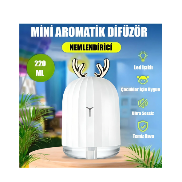 QASUL Mini Beyaz Geyikli Aromatik Difüzör Led Masa Ve Gece Lambası Hava Temizleyici Buhar Makinası - 2