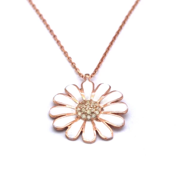 Zirkon Taşlı Beyaz Çiçek Rose Gümüş Kolye GK-216 ürün görseli