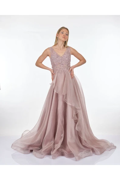 Tiara Abiye Elbise - V Yaka Nakış Detaylı Midi Boy - Resim 3