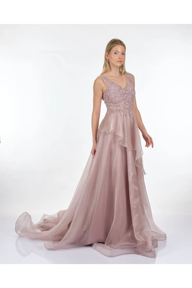 Tiara Abiye Elbise - V Yaka Nakış Detaylı Midi Boy - Resim 6