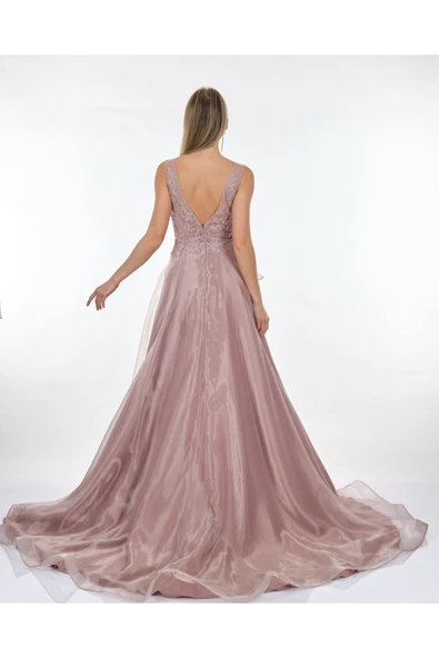 Tiara Abiye Elbise - V Yaka Nakış Detaylı Midi Boy - Resim 7