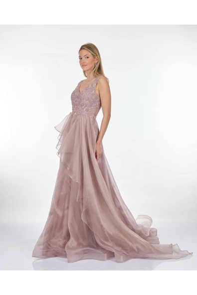 Tiara Abiye Elbise - V Yaka Nakış Detaylı Midi Boy - Resim 5